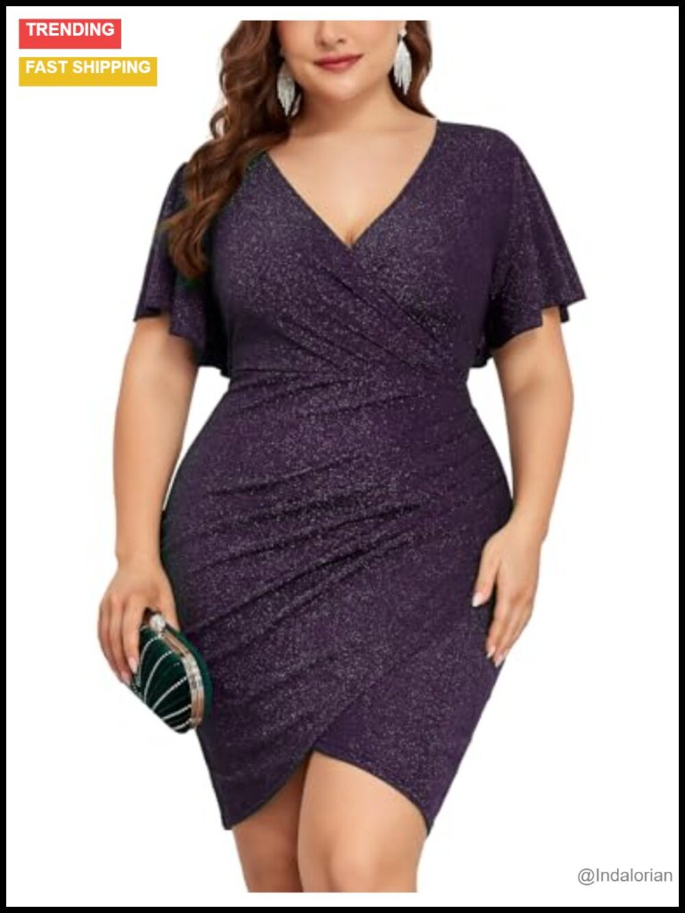 Plus Size Sparkly Glitter Ruched Bodycon Mini Dress Ruffle Sleeve Cocktail Party
